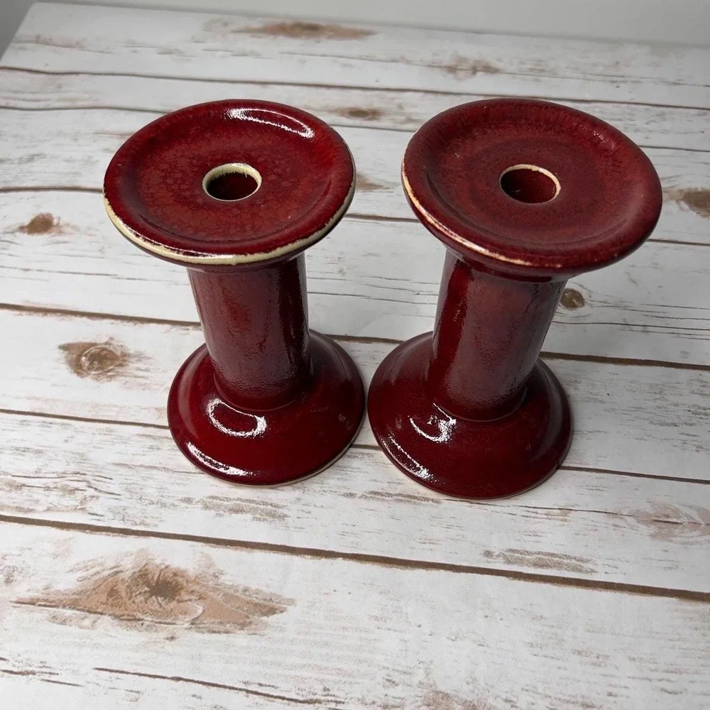 HausenWare Candlestick Holders Red Glossy Ceramic Pedestal Set of‎ 2 7.5in